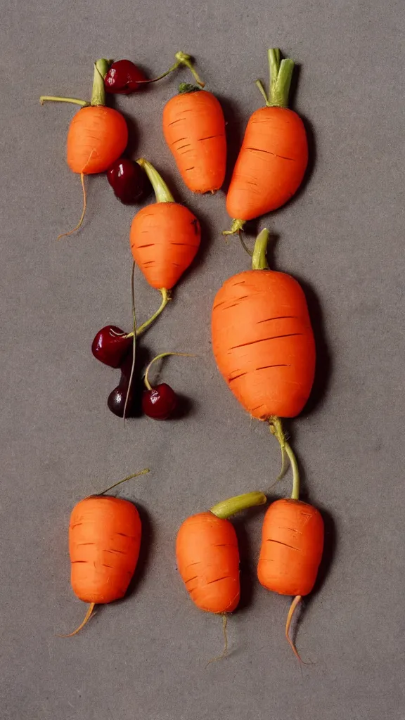 Image similar to 1 9 7 0 s food photography of carrot and cherries in the shape of a man