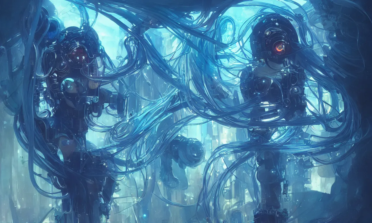 Image similar to cyberpunk jellyfish, blue tones, underwater, 8 mm, highly detailed, digital painting, artstation, concept art, smooth, sharp focus, illustration, art by artgerm and greg rutkowski and alphonse mucha