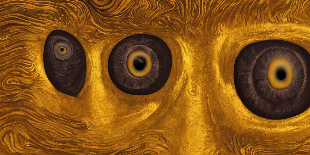 Image similar to a surreal painting of giant buddahs eyes floating in the desert in gold color palette