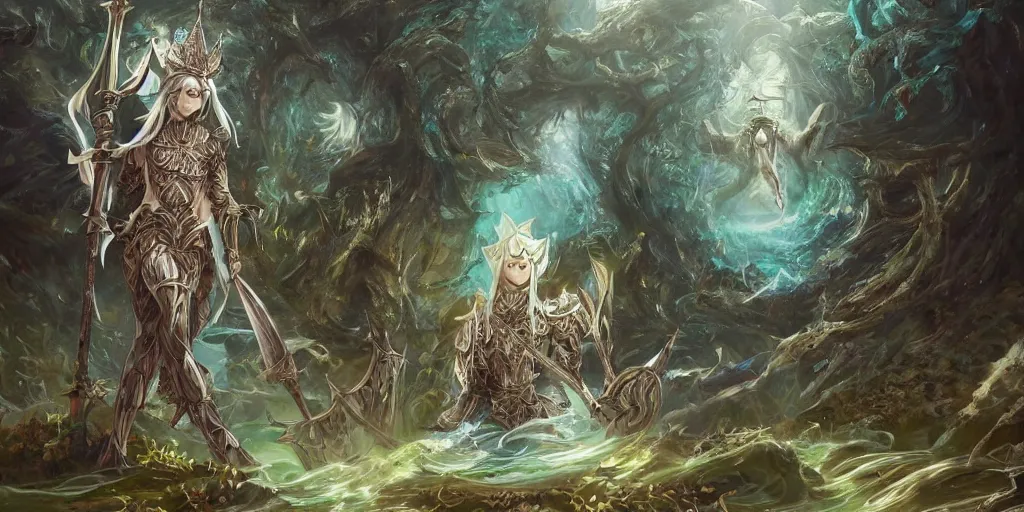 Image similar to an anime landscape of a knightly merfolk from magic the gathering wearing a ornate detailed armor garments and an atlantean crown, in a mystical forest from skyrim, by stanley artgerm lau, wlop, rossdraws, james jean, andrei riabovitchev, marc simonetti, and sakimichan, trending on artstation