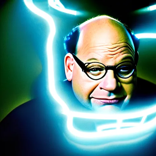 Prompt: uhd candid photo of george costanza as a super sayian, glowing, global illumination, studio lighting, radiant light, detailed, correct face, elaborate intricate costume. photo by annie leibowitz