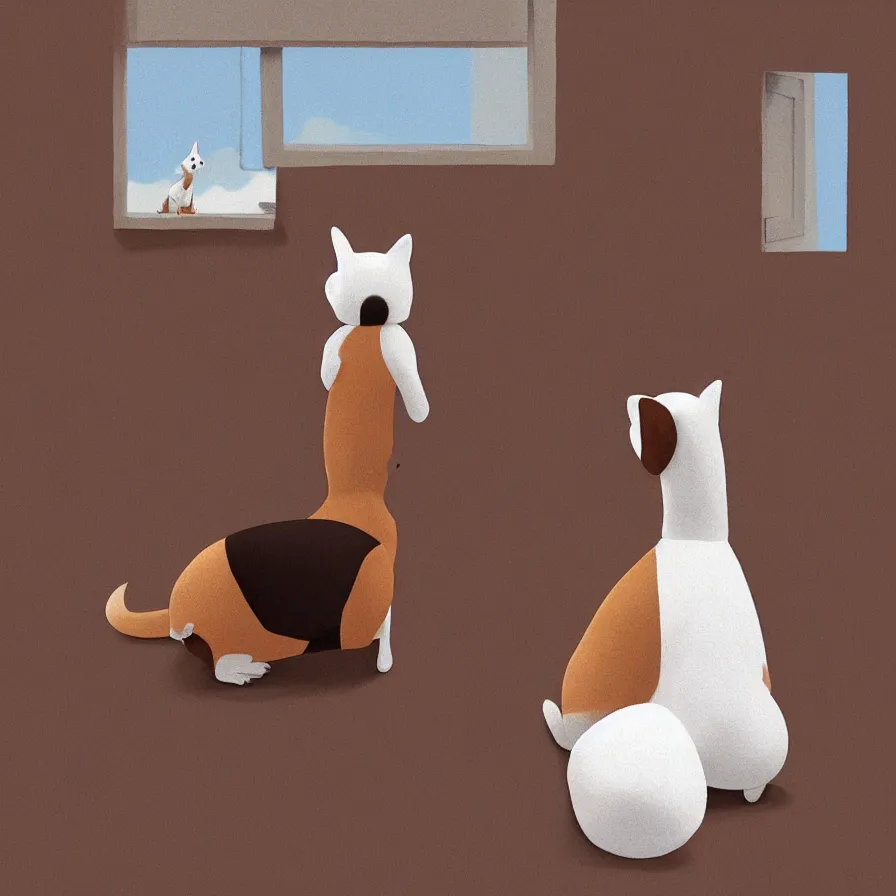 Prompt: Goro Fujita illustrating View from behind of a brown and white dog sitting, ears up and tail active, watching the living room window, There's only one dog! only one dog! only one dog! only one dog, art by Goro Fujita, sharp focus, highly detailed, ArtStation