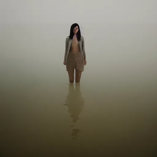 Image similar to a woman, standing in shallow endless water, foggy, backlit, backlit, photo by Marat Safin, Canon EOS R3, f/1.4, ISO 200, 1/160s, 8K, RAW, unedited, symmetrical balance, in-frame