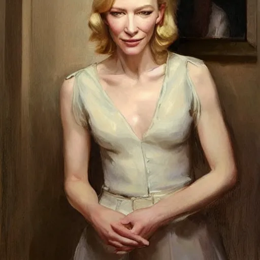 Image similar to cate blanchett in low-cut blouse in front of a mirror, painting by Vladimir Volegov