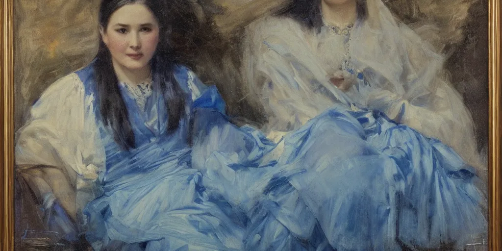 Image similar to painting of mount kinabalu, blue and purple lighting by solomon joseph solomon and richard schmid and jeremy lipking victorian genre painting full length portrait