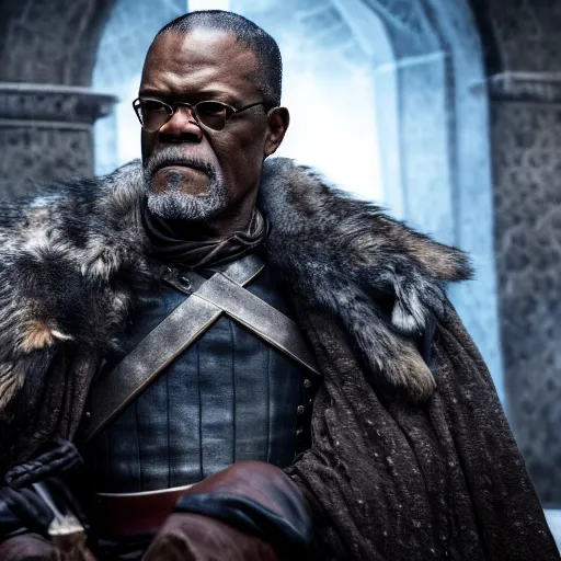 Prompt: a beautiful detailed photograph of samuel jackson in game of thrones fantasy, volumetric lighting, high details