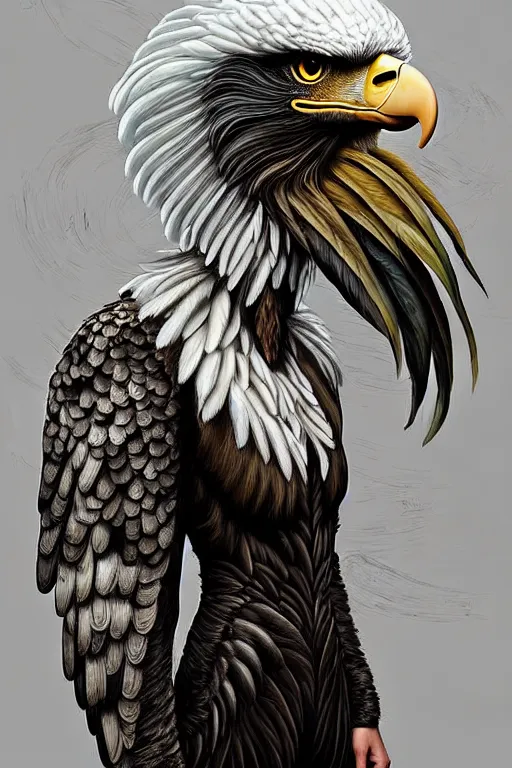 Prompt: epic professional digital art of female human - eagle hybrid animal wearing air force jumpsuit, humanoid feathered head, eagle beak, painting, by lisa roet, iris van herpen, leesha hannigan, artstation, cgsocietywlop, epic, much wow, much detail, gorgeous, detailed, cinematic, masterpiece