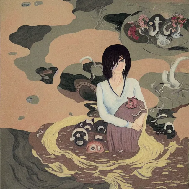 Image similar to tall female emo artist holding a pig's head in her flooded apartment, mushrooms, octopus, water gushing from ceiling, painting of flood waters inside an artist's apartment, a river flooding indoors, pomegranates, ikebana, zen, rapids, waterfall, black swans, canoe, berries, acrylic on canvas, surrealist, by magritte and monet