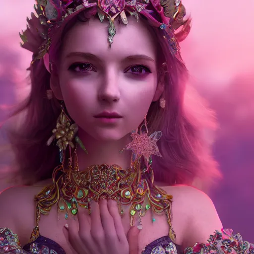 Image similar to portrait of fairy princess, glowing, ornate and intricate jewelry, jaw dropping beauty, glowing background lighting, white accent lighting, hyper detailed, fairy tale, 4 k octane render