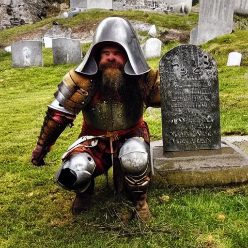 Prompt: A Dwarf clad in armor kneeling down in front of a gravestone near the edge of a cliff that overlooks a small village, breathtaking shot, award winning, medieval fantasy illustration, dark atmosphere