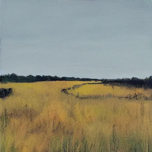 Image similar to “a soft prairie landscape during august, late afternoon, bushes in distance, in the style of Andrew Wyeth, muted colours”