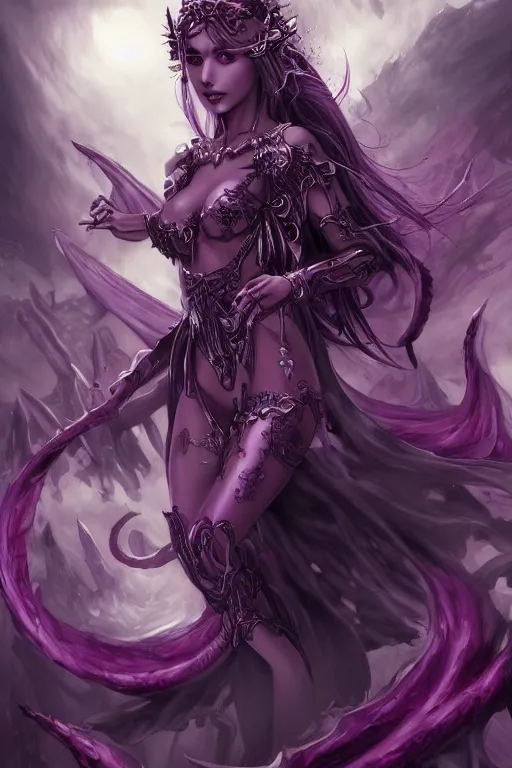 Prompt: beautiful demon princess scenery wallpaper aesthetic, purple color, demonic, cinematic, powerful, super detailed and intricate, elegant, hyper realistic, by artgerm, by kyoung hwan kim, by ralph mcquarrie, by yoshiyuki tomino