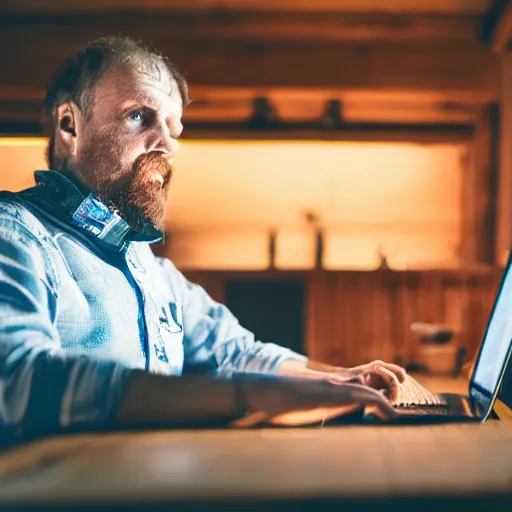 Prompt: badger sitting at a computer and drinking a beer, professional photography, artistic lighting