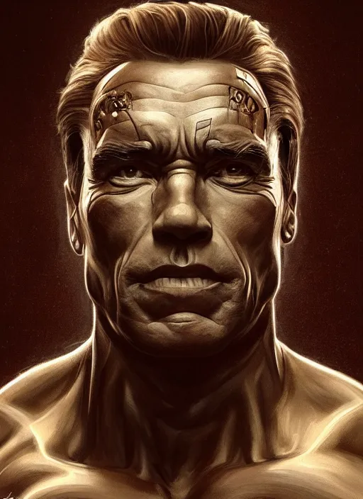 Image similar to symmetry!! arnold schwarzenegger, machine parts embedded into face, intricate, elegant, highly detailed, digital painting, artstation, concept art, smooth, sharp focus, illustration, art by artgerm and greg rutkowski and alphonse mucha, 8 k