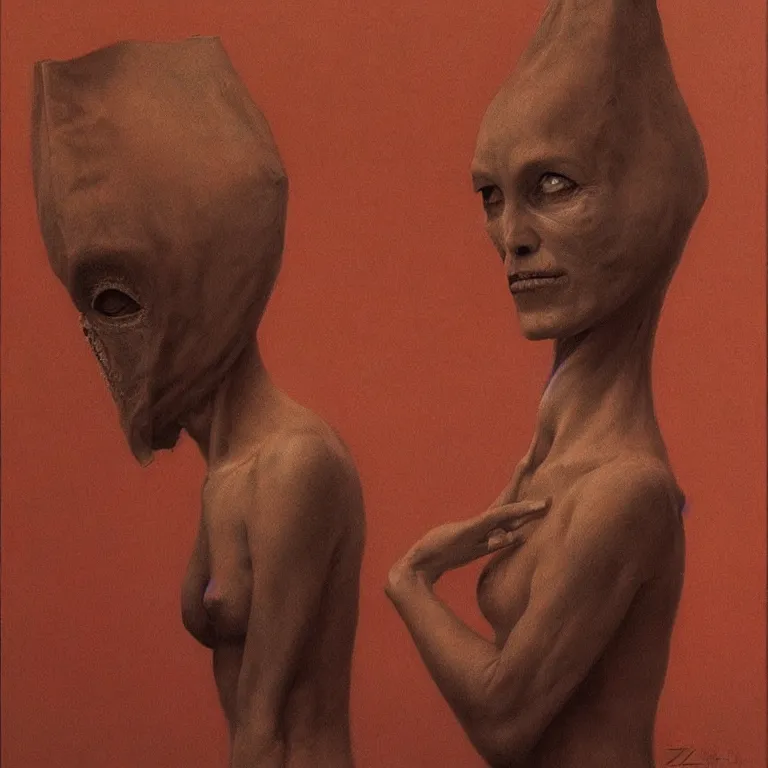 Image similar to alien woman portrait with a paper bag over the head, highly detailed, artstation, art by zdislav beksinski, wayne barlowe, edward hopper