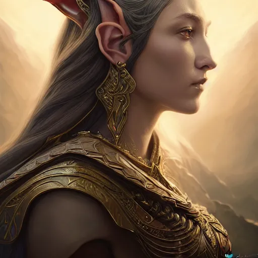 Prompt: Majestic and regal portrait of a riveting and awe inspirin female High Elf nobility, intricate, epic, elegant, menacing, fantasy, photo realistic, digital painting, hard focus, beautiful volumetric lighting, epic light, ultra detailed, by Leesha Hannigan, Ross Tran, Thierry Doizon, Kai Carpenter, Ignacio Fernández Ríos