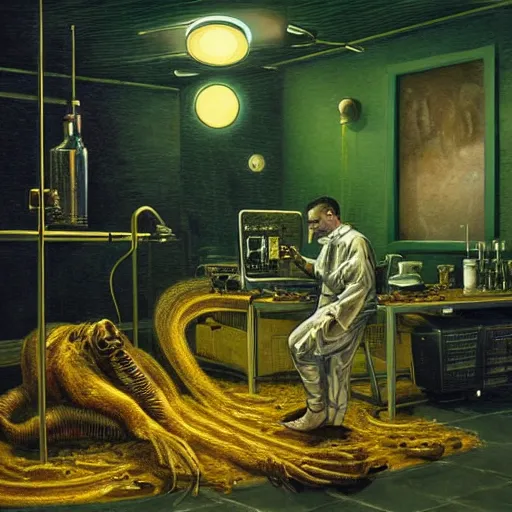 Prompt: dark green hi-tech sci-fi lab at night, realistic gustave coubert painting a hideous and sick human exposed guts crawling in two legs and dripping golden metalic fluid from intestine into a pool of golden liquid on the floor. Smokey atmosphere