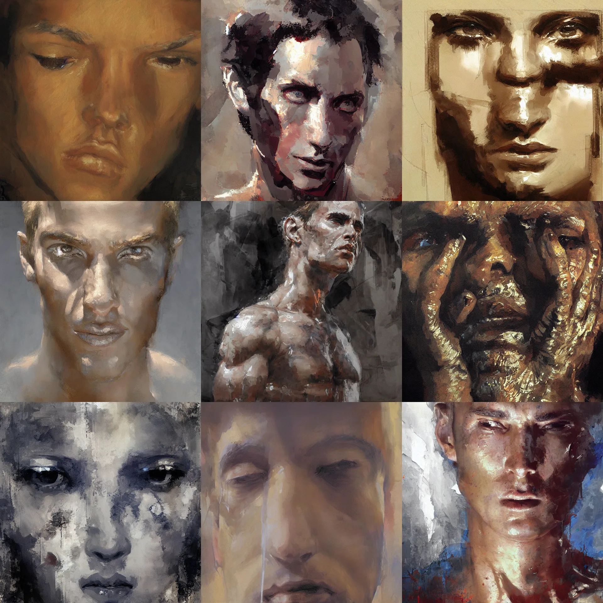 Prompt: painting of a piece of art called adam's awakening painted by craig mullins, symmetrical face, defined facial features, symmetrical facial features, dramatic lighting