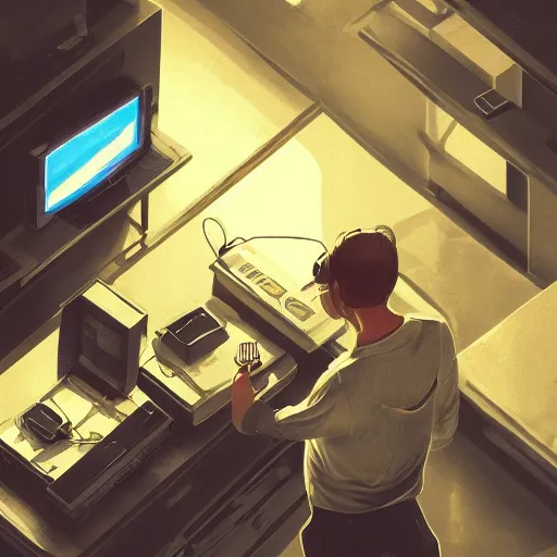 Image similar to aerial view of a guy in his bedroom surrounded by electronics computers food video games, faded effect, highly detailed, digital painting, artstation, concept art, soft light, sharp focus, illustration