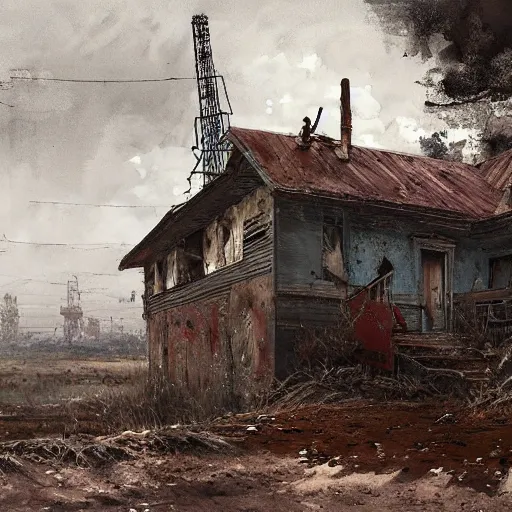 Image similar to painting of a abandoned post soviet town infested with humanoid root monsters by jakub rozalski