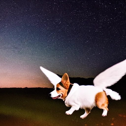 Image similar to corgi attaining [ angelic wings ], [ flying like a superhero ] in the [ night sky ]!! where the stars are visibly perceptible, [ realistic photo ]!!, [ 4 k photorealism ]!!, trending on unsplash