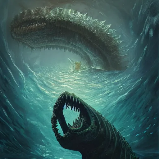 Prompt: sea beast of the depths in the style of michael whelan and h. p. lovecraft. hyperdetailed photorealism by greg rutkowski