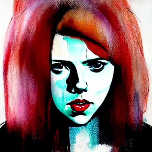 Image similar to phil noto, pretty scarlett johansson black widow, symmetrical eyes, long red hair, full body, city rooftop by agnes cecile, very luminous design, pastel colours, ink drips, autumn lights
