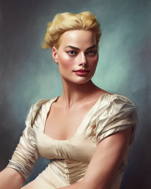 Image similar to Margot Robbie, oil on canvas, artstation, by J. C. Leyendecker and Edmund Blair Leighton and Charlie Bowater, octane