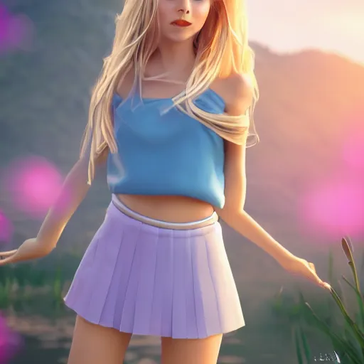 Prompt: a very beautiful teen girl, full body, long wavy blond hair, sky blue eyes, full round face, short smile, cute top, miniskirt, flower in hair, summer lake setting, cinematic lightning, medium shot, mid-shot, highly detailed, trending on Artstation, Unreal Engine 4k, cinematic wallpaper by Stanley Artgerm Lau, WLOP, Rossdraws, James Jean, Andrei Riabovitchev, Marc Simonetti, and Sakimichan