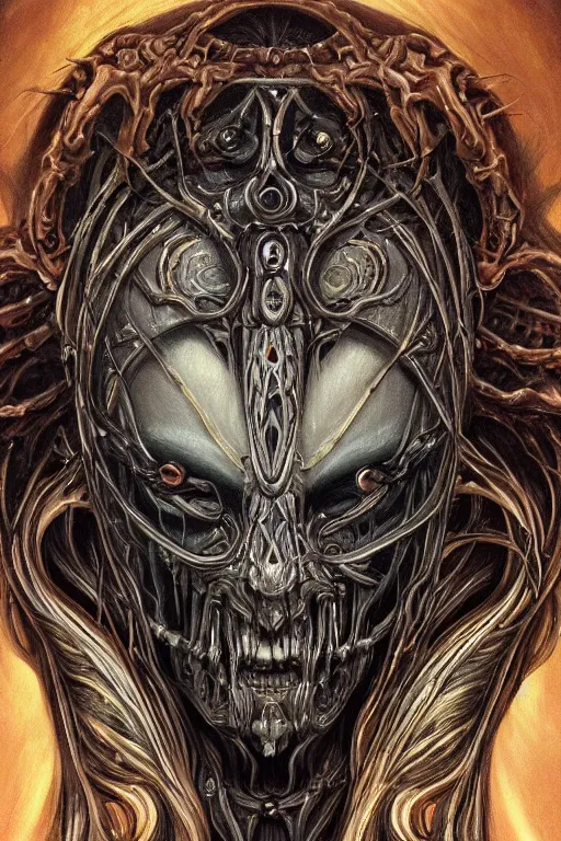 Image similar to Elden Ring and Doom themed painting of majestic chromatic biomechanical anatomical undead warrior hybrid beautiful ethereal angel symmetrical neutral mask closeup face tattoo pattern golden ratio concept, Neo-Gothic concept, infinity glyph waves, intricate artwork masterpiece, very coherent artwork, cinematic, full frontal facial features by Artgerm, art by H.R. Giger, Joseph Michael Linsner, Zdizslaw Beksinski, Johnatan Wayshak, Moebius, Ayami Kojima, very anatomically coherent artwork, trending on cgsociety, ultra high quality model, production quality cinema model, high detail chromatic ink outline, octane render, unreal engine 8k, hyper realism, high detail, octane render, unreal engine, 8k, High contrast