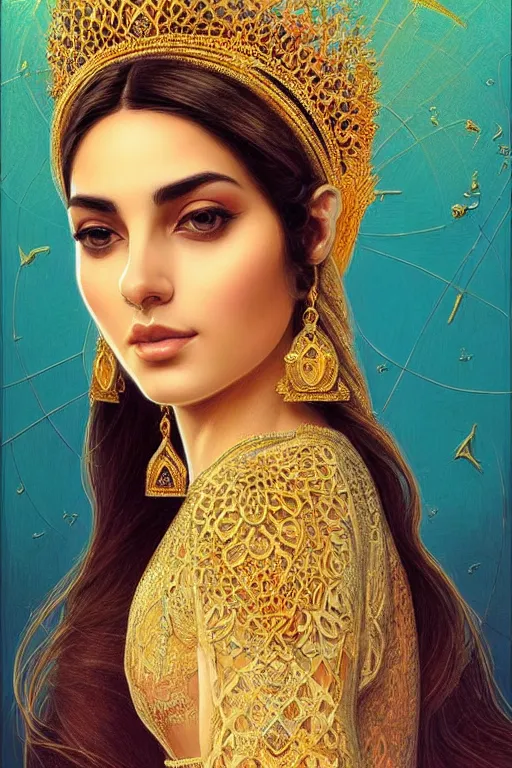 Image similar to Beautiful portrait of an attractive Persian Princess who is an architect, beautiful princess, face painting, architecture, persian style architecture, dramatic lighting, intricate, wild, highly detailed, digital painting, artstation, concept art, smooth, sharp focus, illustration, gold+yellow+white+Turquoise, art by artgerm and greg rutkowski and alphonse mucha, footage from space camera