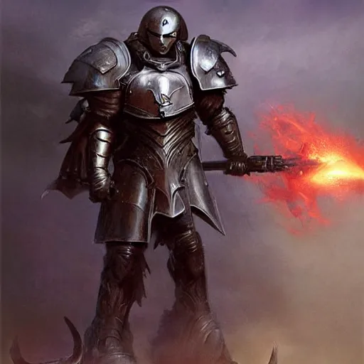 Image similar to a full metal paladin in the style of peter andrew jones and tom bagshaw, heavy metal album cover, fantasy warrior, standing before ancient ruins