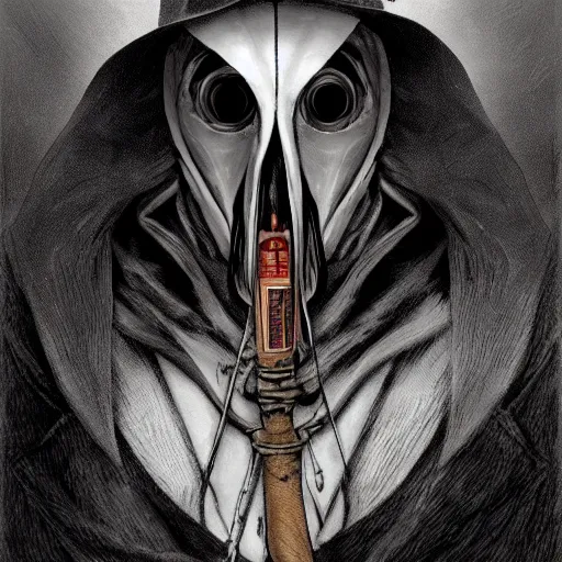 Image similar to a portrait of a plague doctor gunslinger, dark fantasy, horror, western, hell, ultrafine detailed digital pencil art by takeshi obata and mike mignola, death note style, colored by greg rutkowski, symmetric body, cgsociety, sharp focus, detailed face, looking at the camera