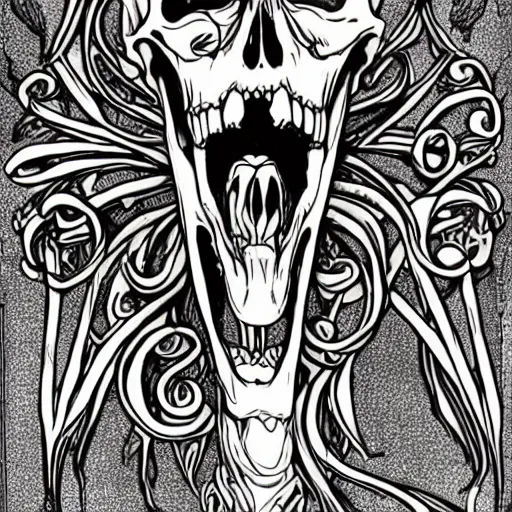 Prompt: a giant skeleton laughing, art nouveau, beautiful, detailed