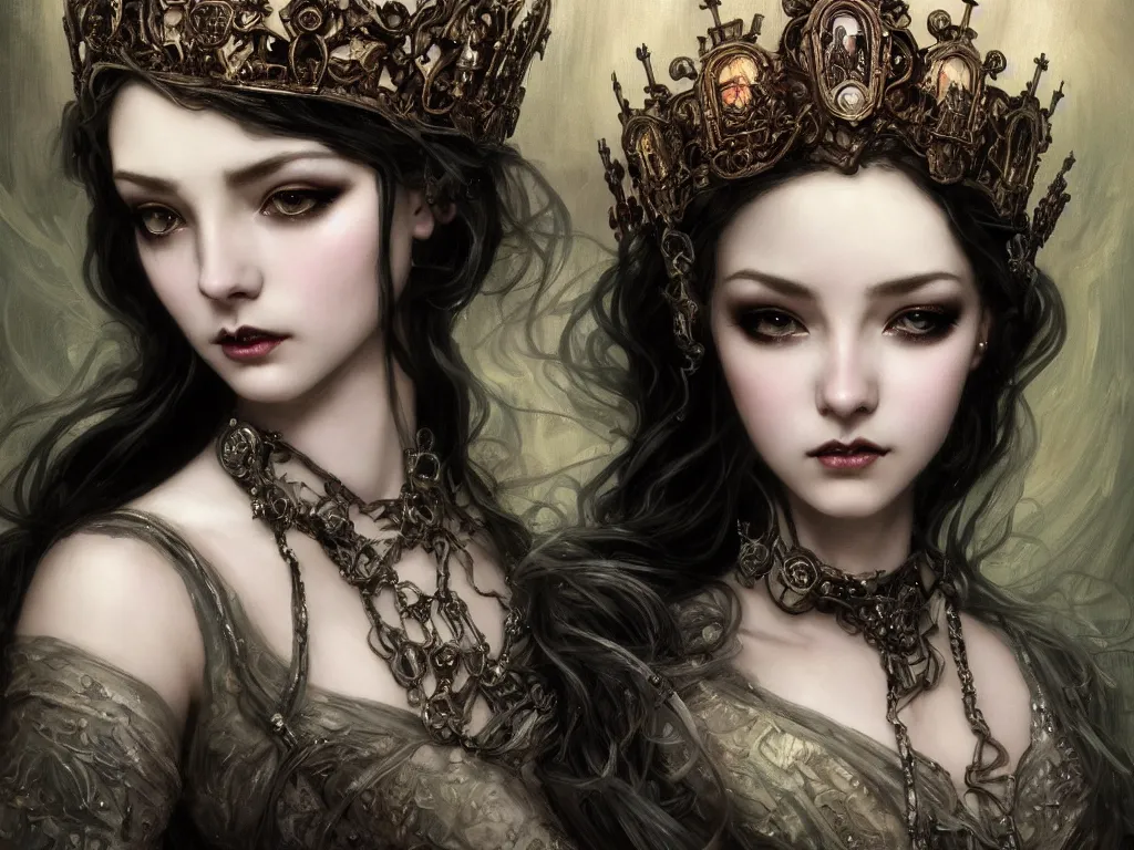 Prompt: beautiful and luxury and victorian and gothic and dieselpunk young medieval dark crown princess portrait like blackpink lisa + smoky eyes + front face with light flowing hair, ultradetail face, art and illustration by tian zi and craig mullins and wlop and alphonse mucha, fantasy, intricate complexity, human structure, human anatomy, fantasy character concept, watermark, blurry, hyperrealism 8 k