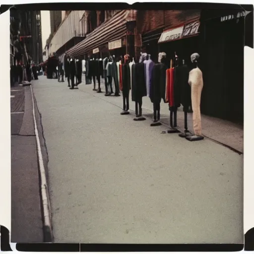 Image similar to wide-shot low-angle photo of empty!!! animated clothes (((heads))) at the street in New York, polaroid photo, by Andy Warhol, signed