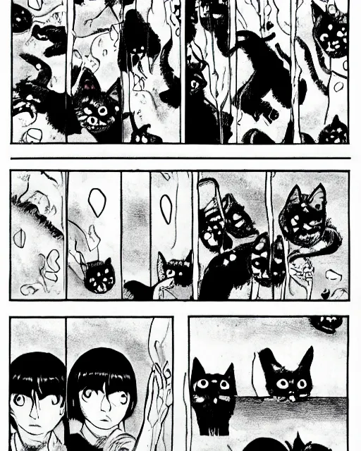 Prompt: three panels from junji ito's 'there are a lot of black cats here', full width, action shot, first person, manga