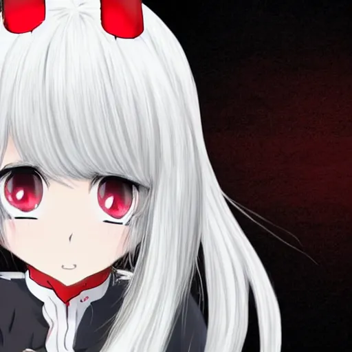 Image similar to white hair, red eyes, two small horn on the head, anime style, anime girl