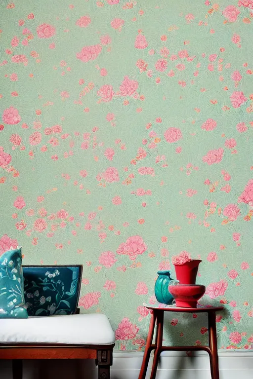 Prompt: Chinoiserie floral wallpaper by James Jean, victo ngai, James Gilleard