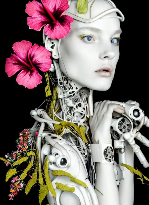 Image similar to fragile delicate biomechanical young female cyborg with porcelain translucent profile face and a big floral eye, big leaves foliage and stems, hibiscus flowers, boho floral fashion by alexander mcqueen, rim light, art nouveau fashion pearl embroidered collar, steampunk, on black background