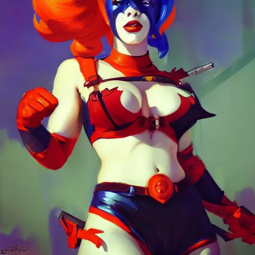 Image similar to greg manchess portrait painting of harley quinn as overwatch character, medium shot, asymmetrical, profile picture, organic painting, sunny day, matte painting, bold shapes, hard edges, street art, trending on artstation, by huang guangjian and gil elvgren and sachin teng