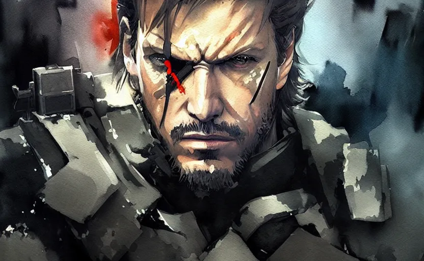 Image similar to a painting of metal gear solid trending on artstation in the style of greg rutkowski, bosnian, watercolor, portrait, beautiful