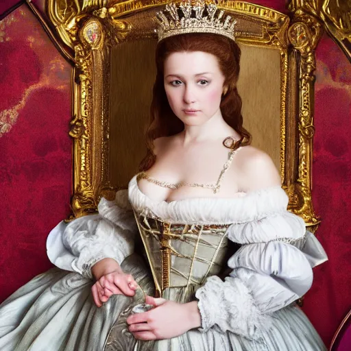 Prompt: young attractive beautiful duchess in versailles, wow 4 k detail fantasy, matte painting, realistic materials, photo realistic, postprocessing, cinematic, hyperrealistic, studio lighting, ekaterina, the tudors, photography by richard jenkins
