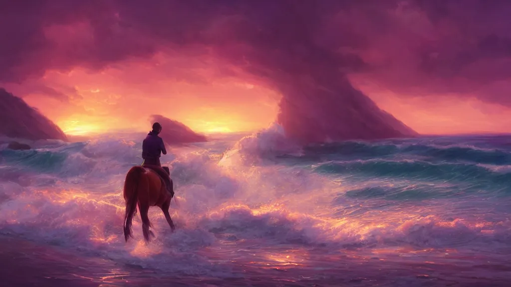 Prompt: a horse riding along a pink beach with impossibly large waves crashing against the shoreline, beautiful twilight sunset background, by sylvain sarrailh, rossdraws, ambient light, ultra detailed, fantasy artwork, 8 k, volumetric lighting, trending on artstation, award winning, very beautiful.