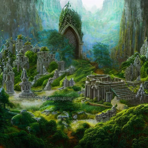 Image similar to a beautiful and highly detailed matte painting of an elven temple in a magical fantasy garden in a lush forest in the mystical mountains, celtic knots, intricate details, epic scale, insanely complex, 8 k, sharp focus, hyperrealism, very realistic, by caspar friedrich, albert bierstadt, james gurney, brian froud,