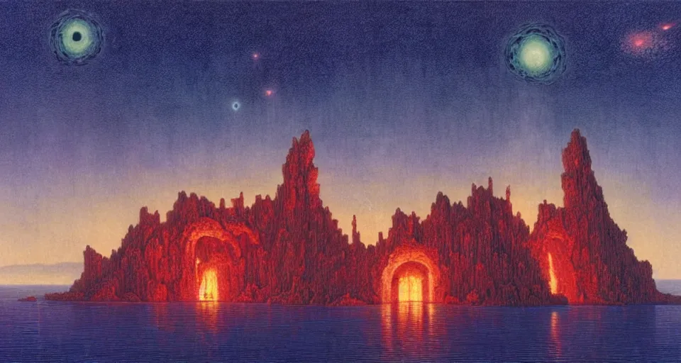 Image similar to castle built into a volcano island with ocean in the distance, underneath a star filled night sky, harold newton, zdzislaw beksinski, donato giancola, warm coloured, gigantic pillars and flowers, maschinen krieger, beeple, star trek, star wars, ilm, atmospheric perspective