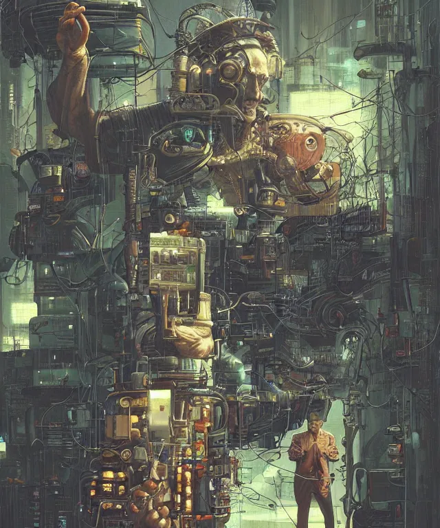 Image similar to a painting of a man holding a machine in his hands, cyberpunk art by les edwards and by michael whelan and by dan mumford, cgsociety, neoplasticism, lovecraftian, future tech, circuitry