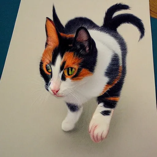 Prompt: a calico cat walking on two legs drawing