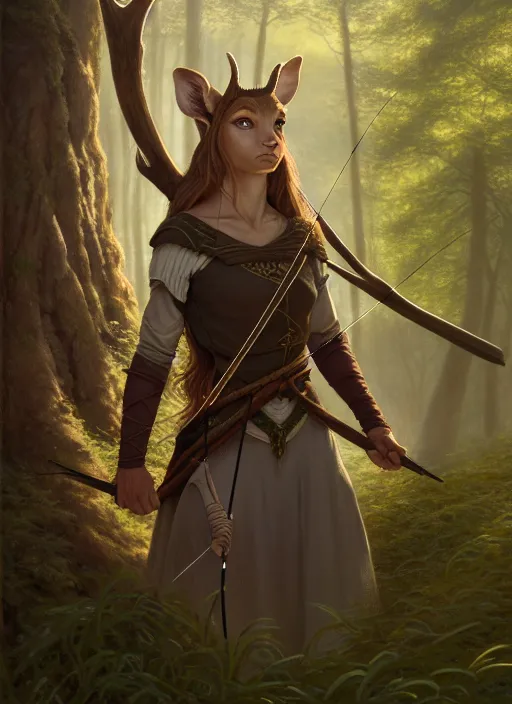 Image similar to a film still portrait of a deer elven archer, finely detailed features, cinematic lighting, perfect art, brian jacques redwall woodland, forest, intricate, artstation, trending on pixiv fanbox, painted by brian jacques greg rutkowski, studio ghibli, fantasy, 4 k