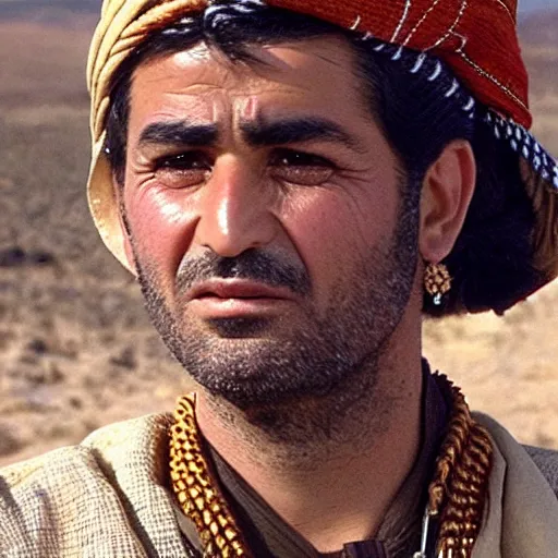 Image similar to Close up of a Kurdish shepherd wearing traditional Kurdish clothes in a movie directed by Christopher Nolan, movie still frame, promotional image, imax 70 mm footage